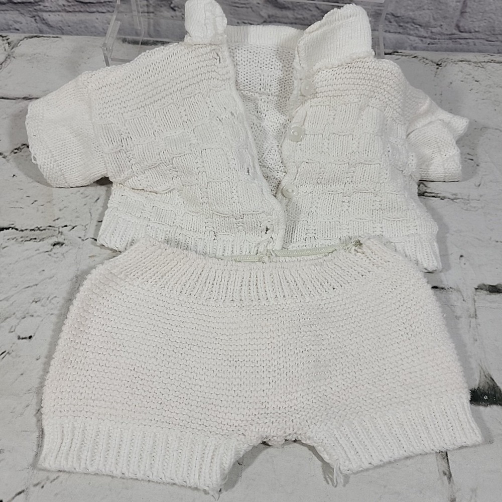 Vintage Baby Or Doll Clothes 2Pc Outfit Lot White Knit Sweater Cardinal Bottoms